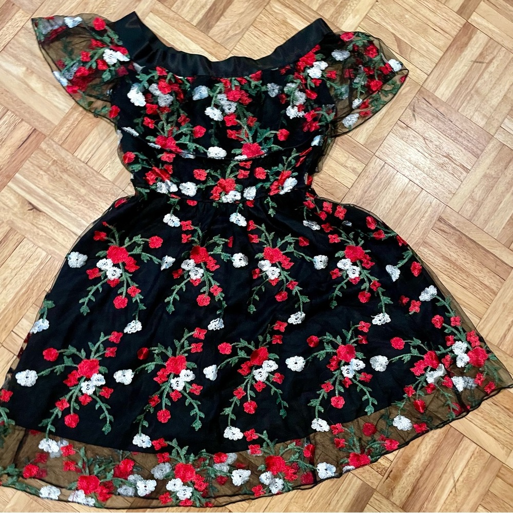 Floral Embroidered Dress - Black, Red, and White.